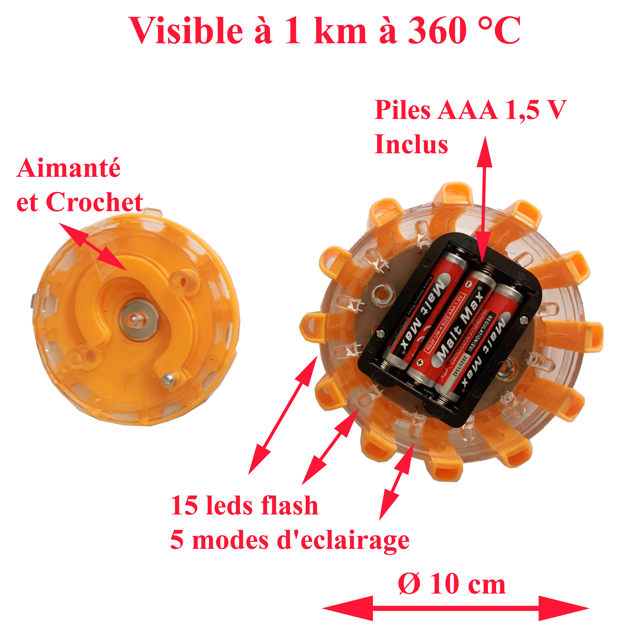 Balise flash à led orange de signalisation -visible à 1 km - Voyant d'avertissement en cas de panne ou accident – Image 2