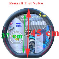 Couvre volant pour Renault T nouvelle génération de 2025 et Volvo noir avec surpiqure croisée rouge (grip 10 cm) taille 46-48