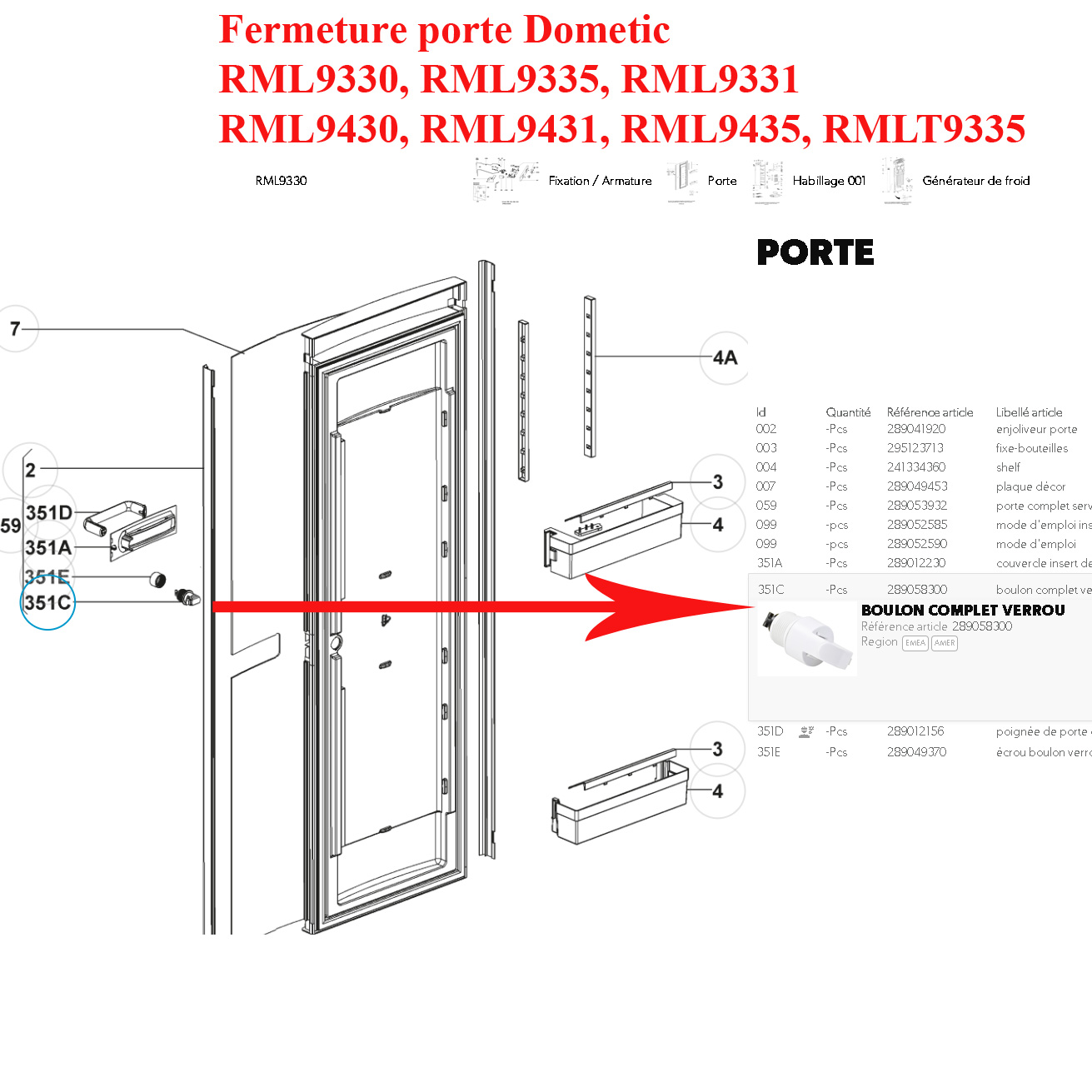 Fermeture de porte complet gris pour RM730L, RM7401LSC et autres modèles  par Dometic