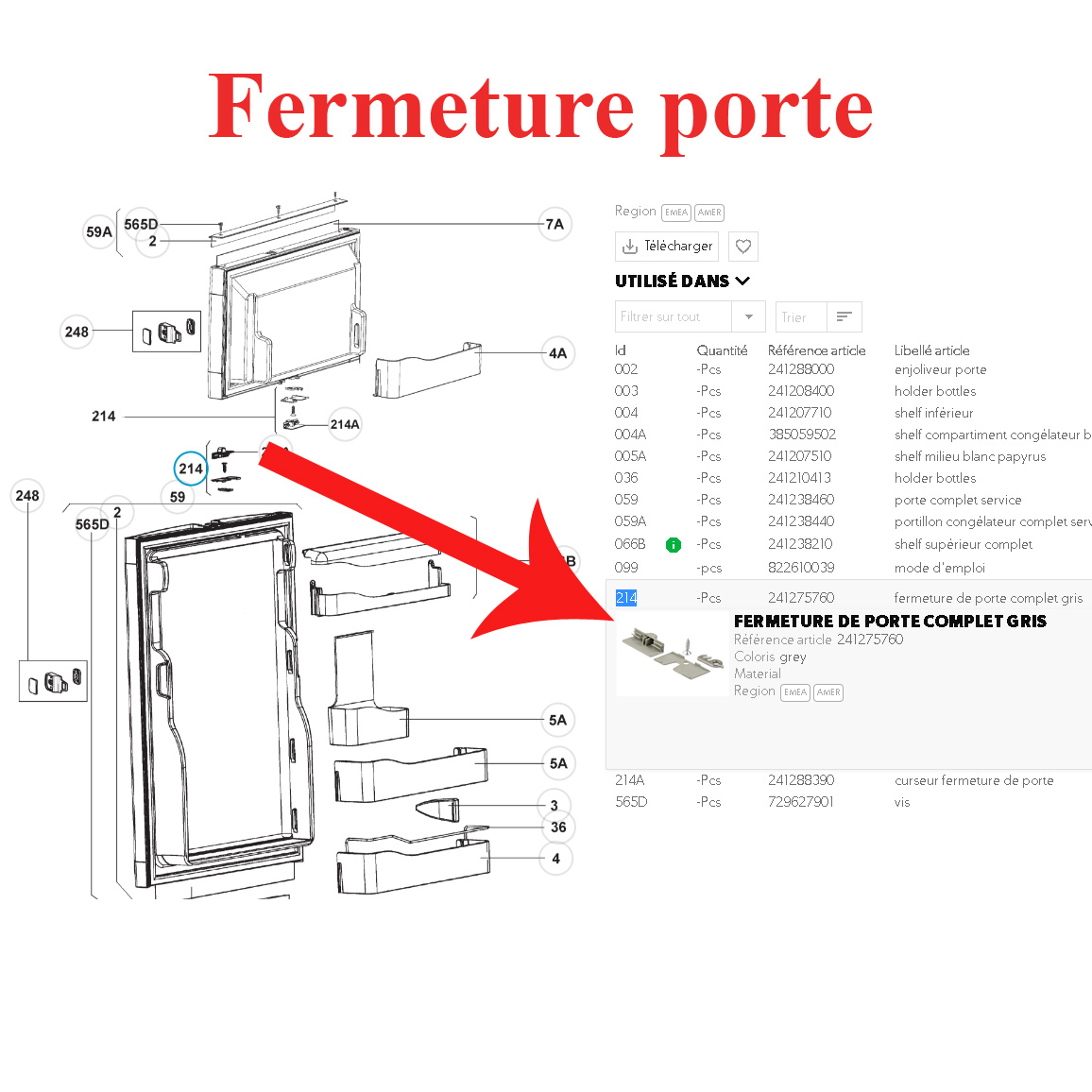 Fermeture de porte grise pour réfrigérateur RM série 7 Dometic  Dometic2412175760 - CF13095 