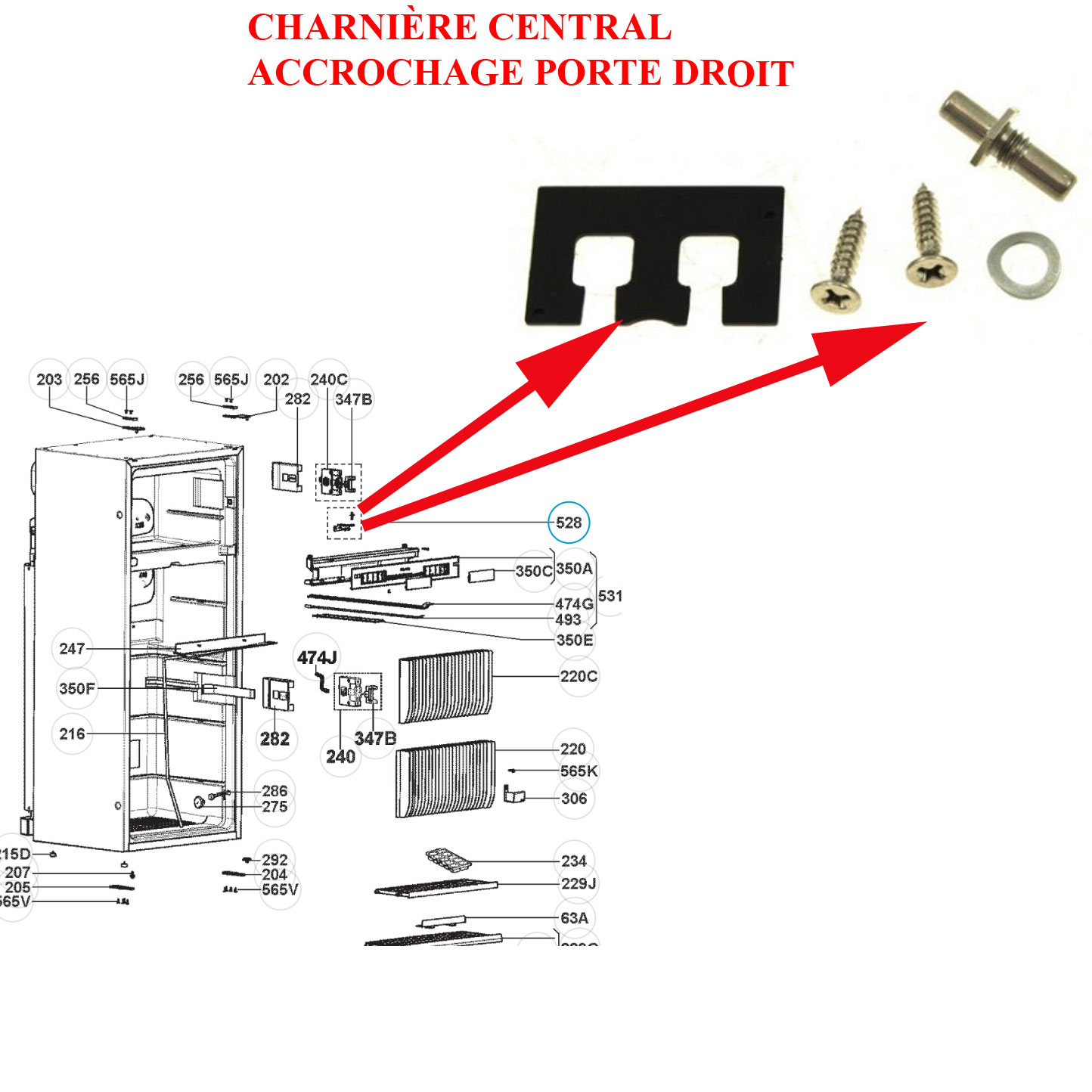 Dometic, charnière centrale porte droit pour RMD8555, RMD8551, RMD8505, RMDT8505, RMDT8555, RMDX25...