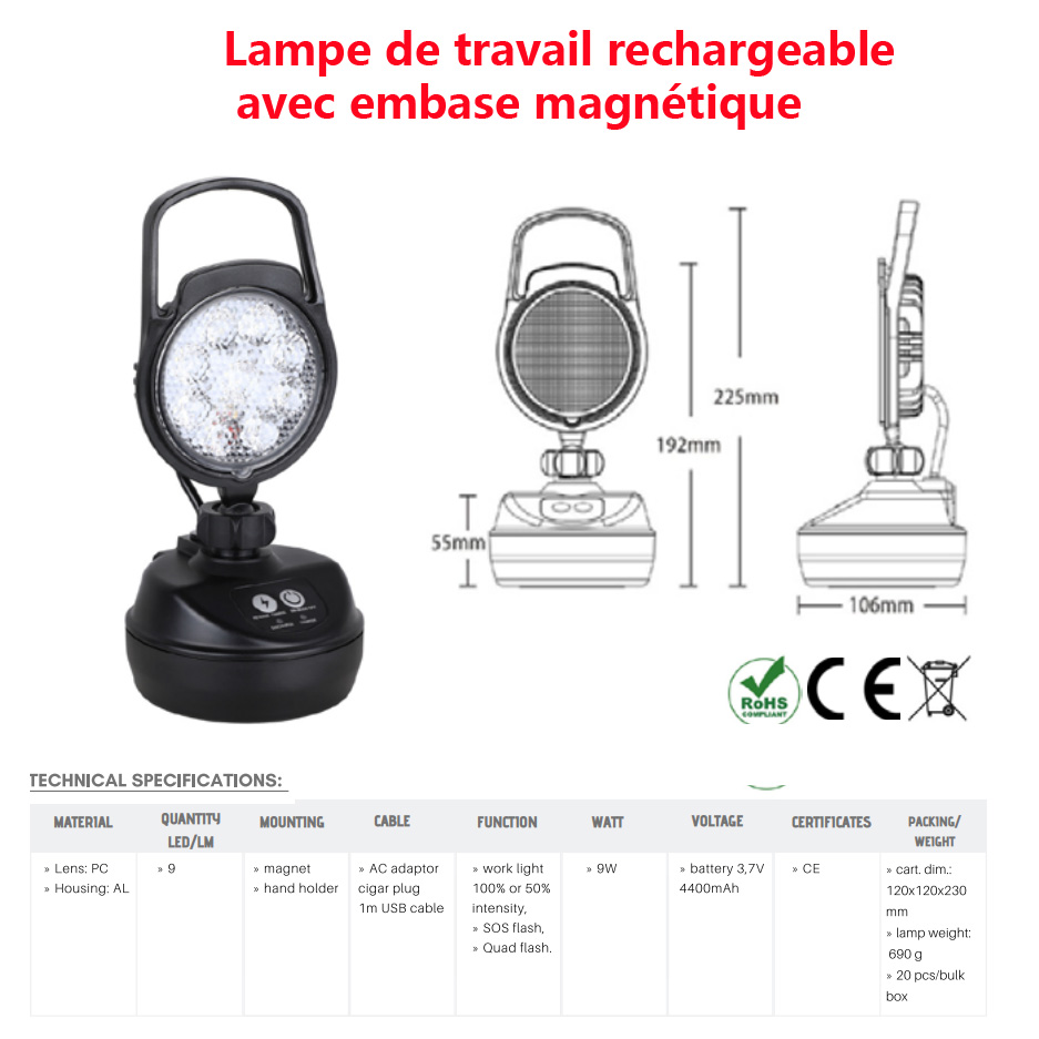 Lampe de travail à LED, rechargeable - support magnétique