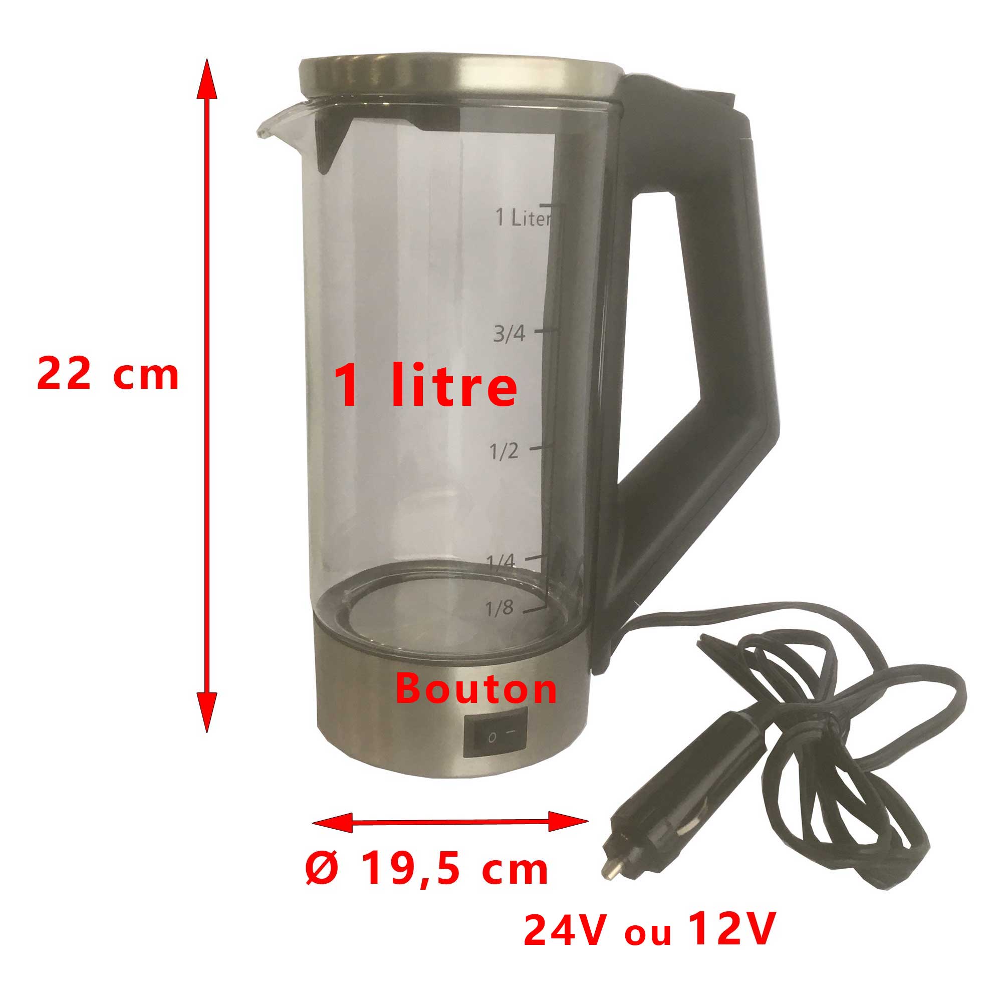 Bouilloire 1 litre avec support détachable 12 V ou 24 V