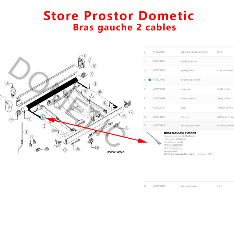 Prostor 500 Prostor 550 Dometic PW1000 PW1500 Bras GAUCHE Pour Les 