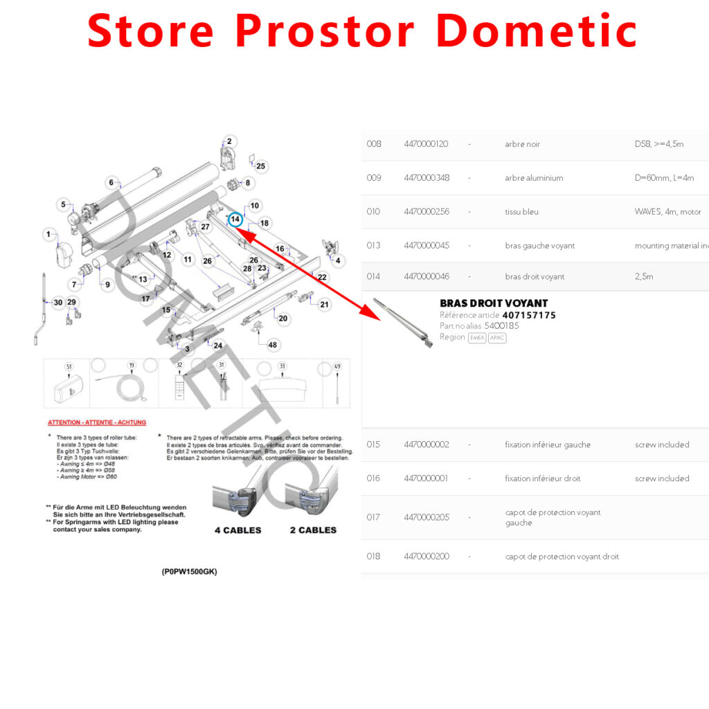 Prostor 500 Dometic PW1000 PW1500 Bras DROIT Store Camping car La 
