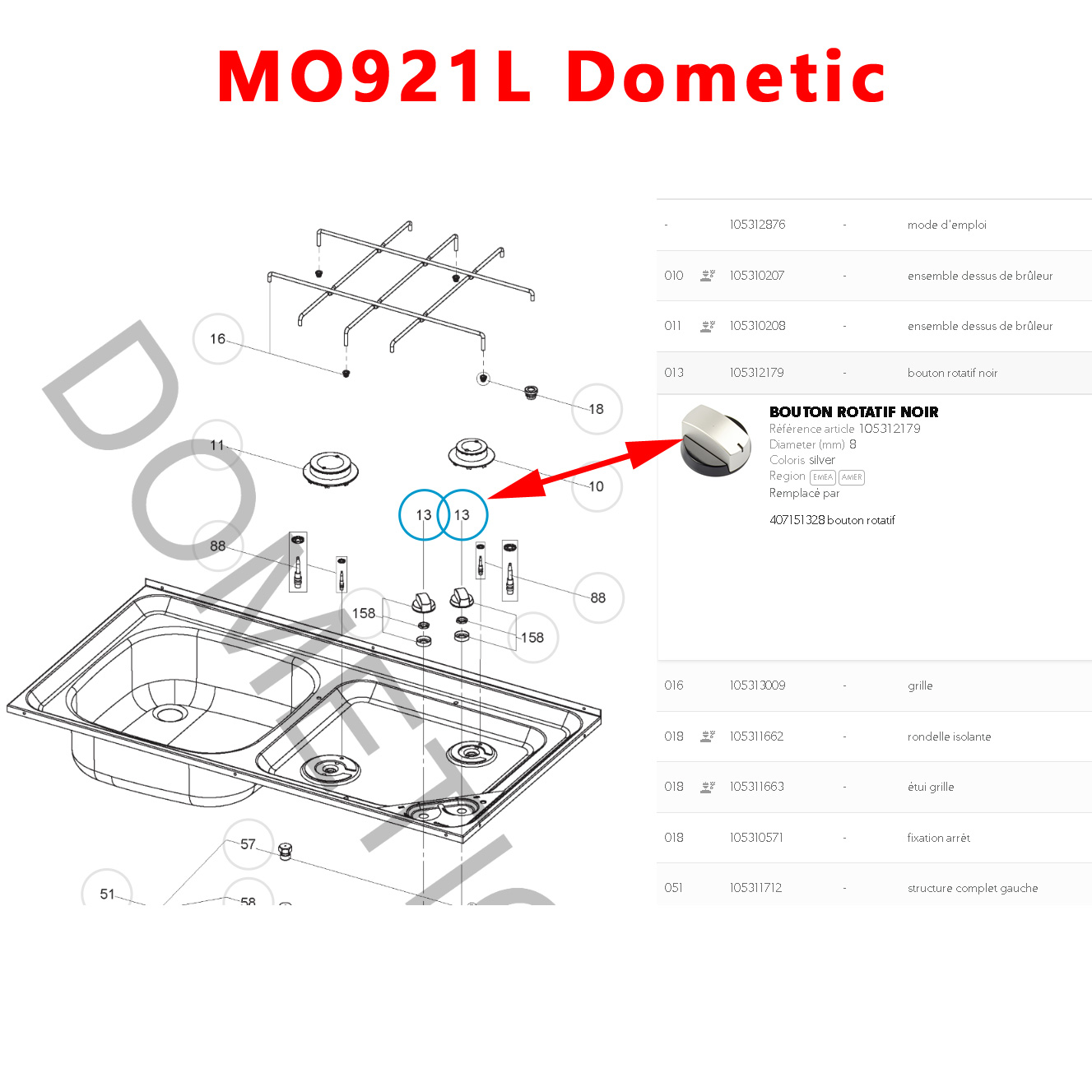 Cramer, un bouton gaziniere CE04, MO0927, MO917, MO921, MO9722, KSK2008, PI0909, PI913, PI8023, PI8621 par Dometic – Image 8