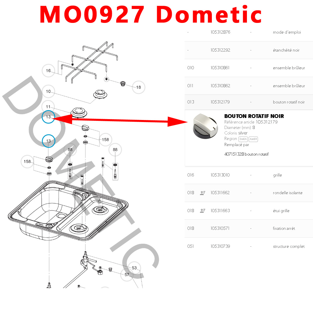 Cramer, un bouton gaziniere CE04, MO0927, MO917, MO921, MO9722, KSK2008, PI0909, PI913, PI8023, PI8621 par Dometic – Image 13