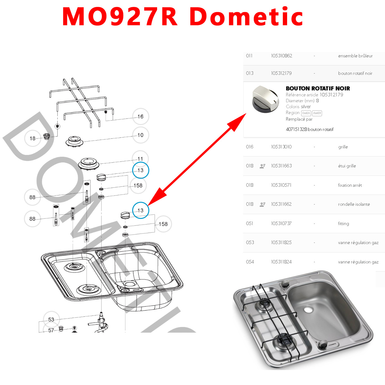 Cramer, un bouton gaziniere CE04, MO0927, MO917, MO921, MO9722, KSK2008, PI0909, PI913, PI8023, PI8621 par Dometic – Image 4