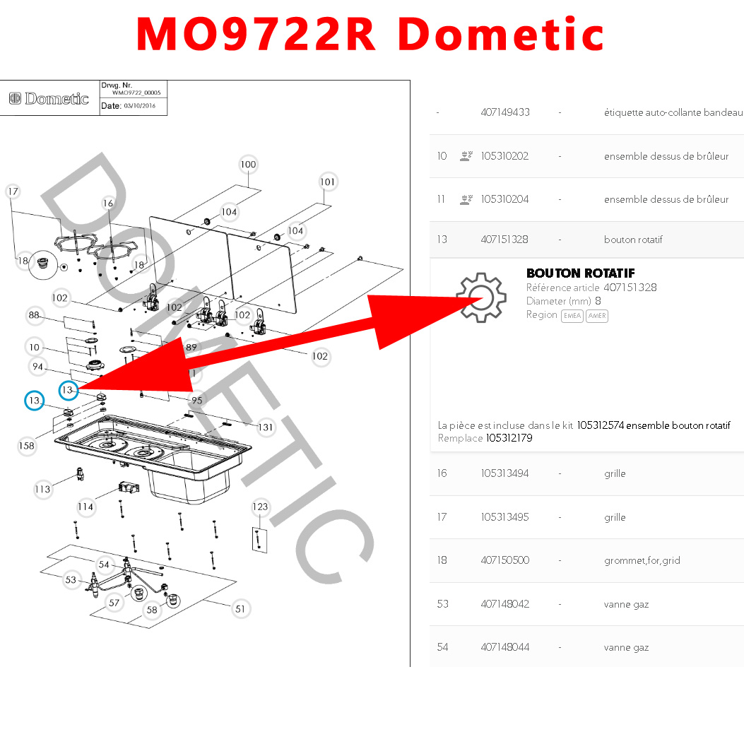 Cramer, un bouton gaziniere CE04, MO0927, MO917, MO921, MO9722, KSK2008, PI0909, PI913, PI8023, PI8621 par Dometic – Image 7