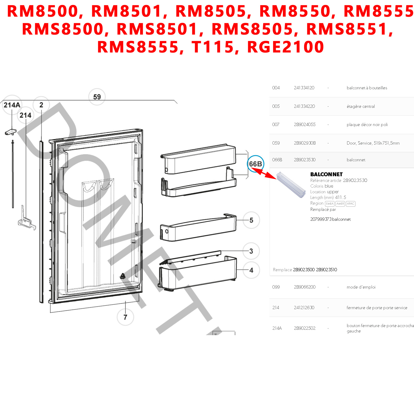 Balconnet haut de la porte des RGE2100, RM8500, RM8501, RM8505, RM8550, RM8555, RMS8500, RMS8501, RMS8505, RMS8551, RMS8555, T115 par Dometic – Image 3