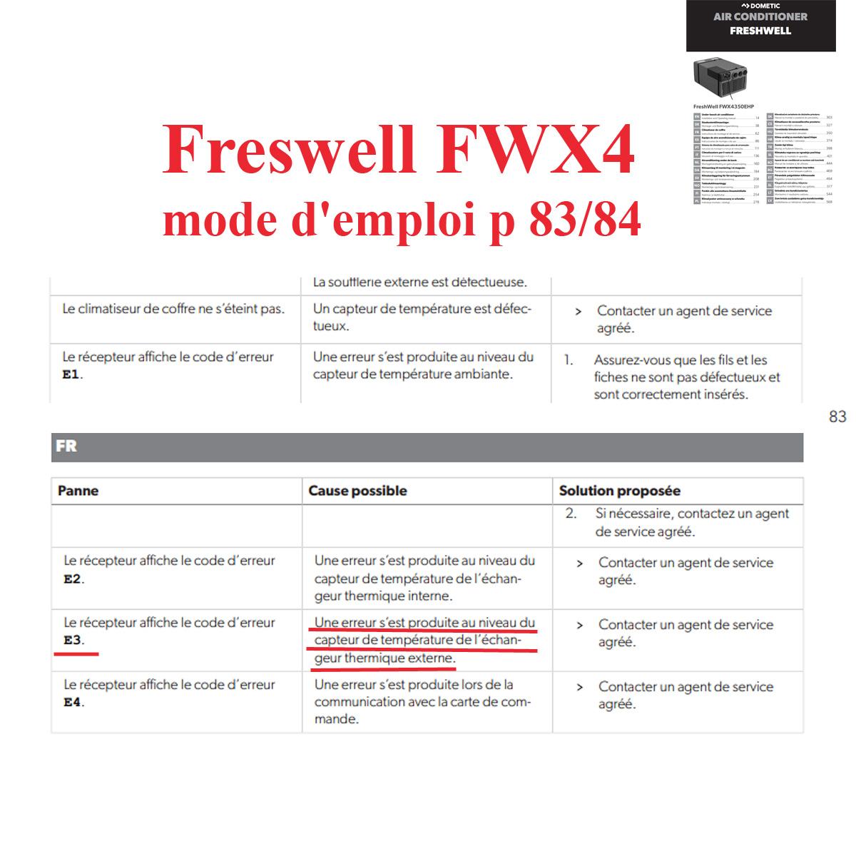 Dometic FW3000-B, Freshwell 3000 et Freshwell FWX4 sondes du condensateur et du compresseur, à remplacer si le code erreur E3 – Image 9