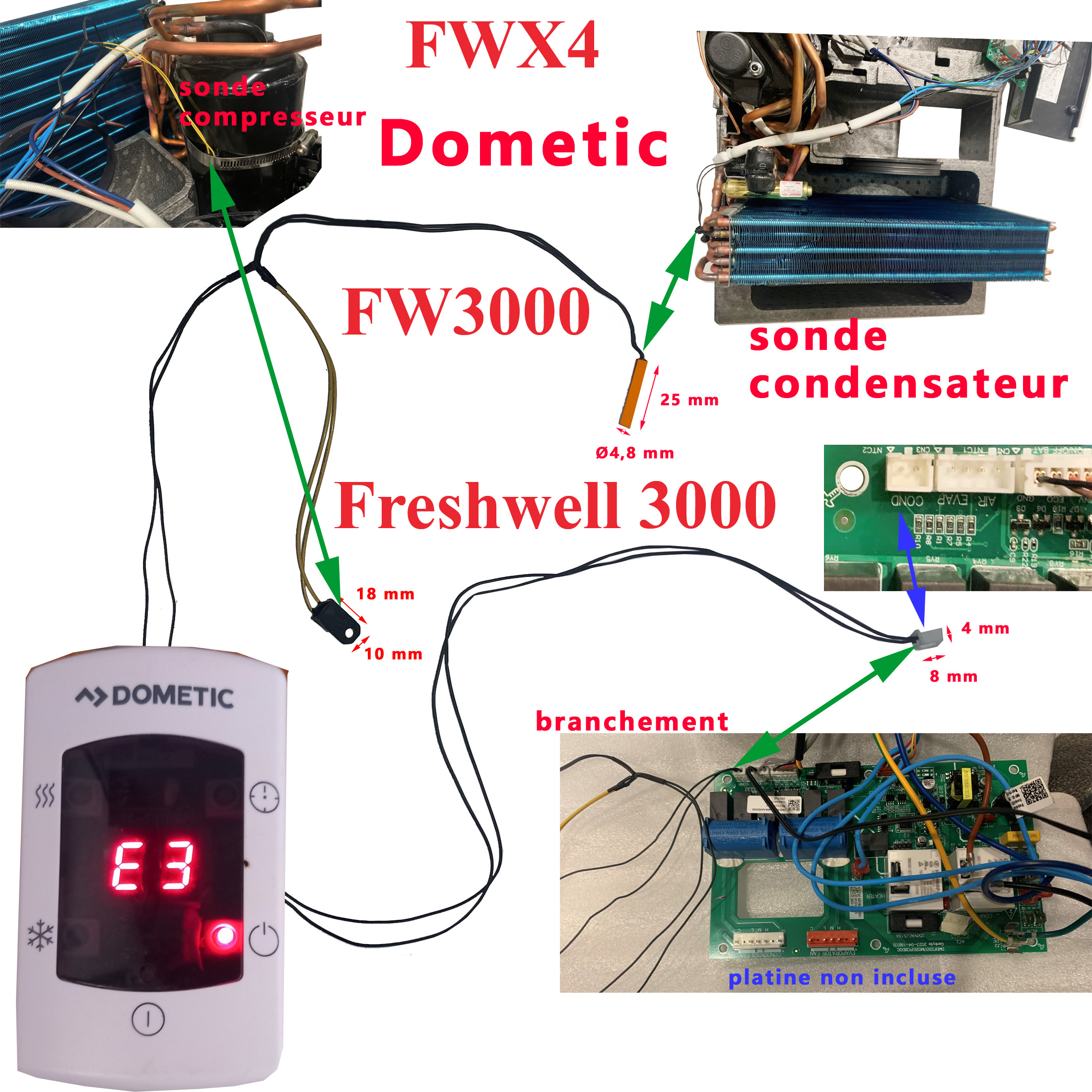 Dometic FW3000-B, Freshwell 3000 et Freshwell FWX4 sondes du condensateur et du compresseur, à remplacer si le code erreur E3