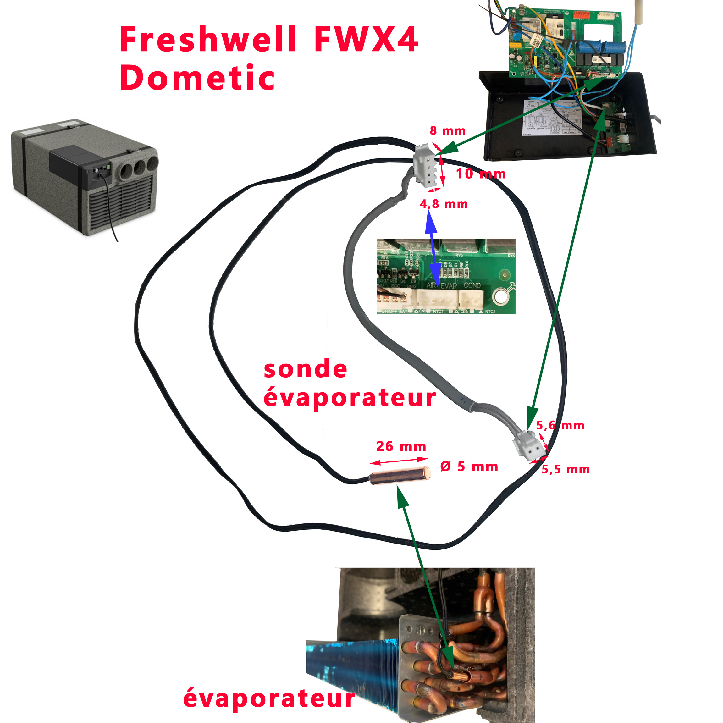 Dometic Freshwell FWX4 sonde de température de l'évaporateur à remplacer si le code erreur E2