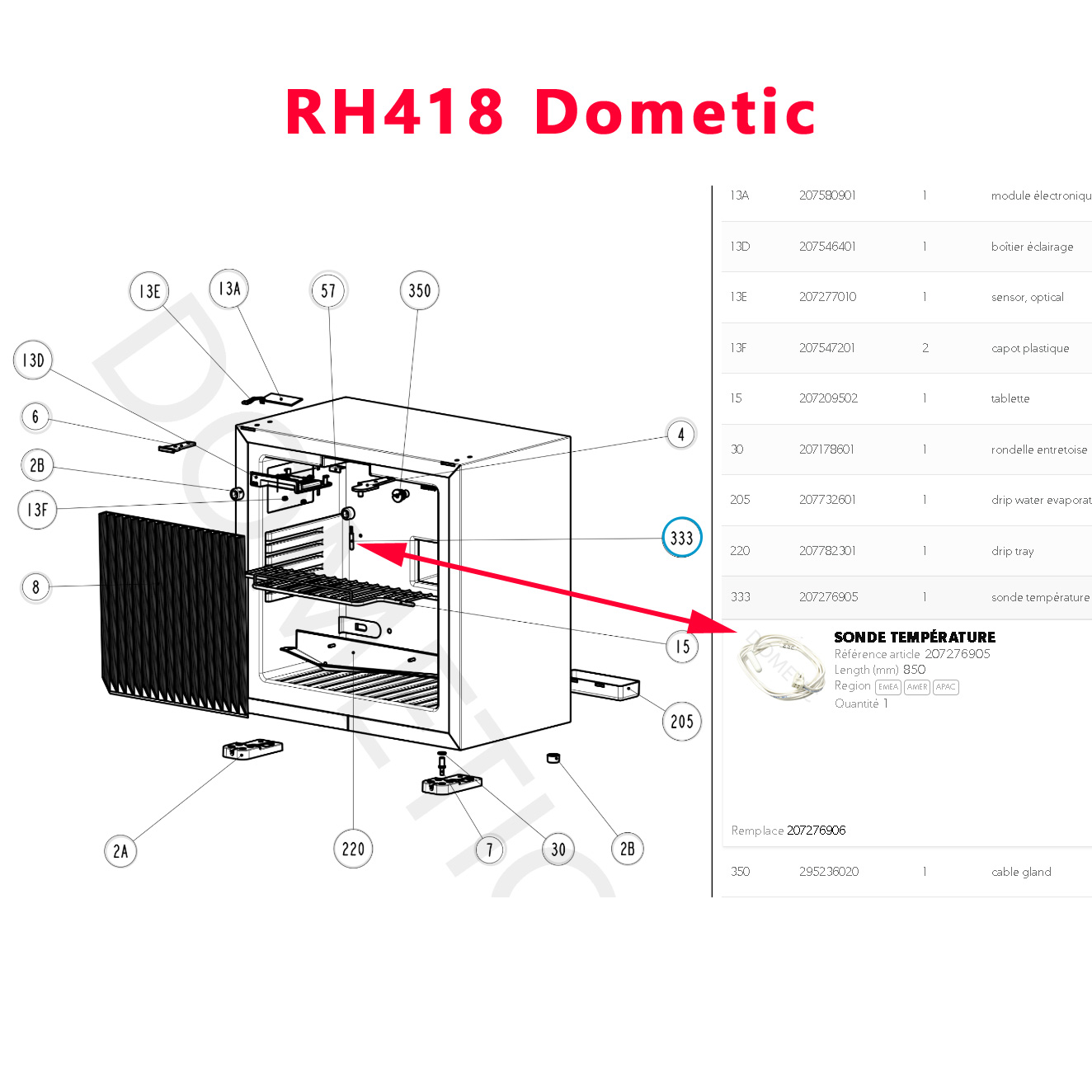 Sonde mini-bar pour les modèles DS301, DS601, EA3280, HC302 , HC502, RH161, RH418, RH456, WA3200 par Dometic – Image 3