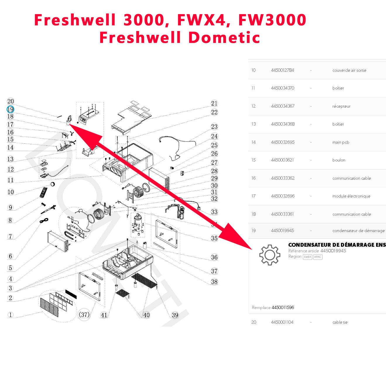 Dometic FWX4, B3200, Freshwell 3000, FW3000-B, FWX4350EHPC condensateur CRD02 16A P/N:600665 Motor 220 240VAC 50/60Hz insertion time 1s Restrat time 3S – Image 3