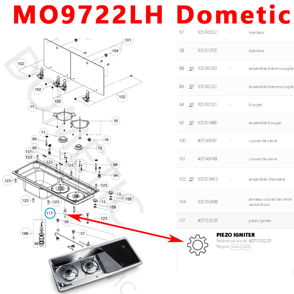 Bouton d'allumage Piezo des réfrigérateurs MO8821, MO911, MO912, MO922, MO972, PI2232, VN555 etc. par Dometic – Image 9