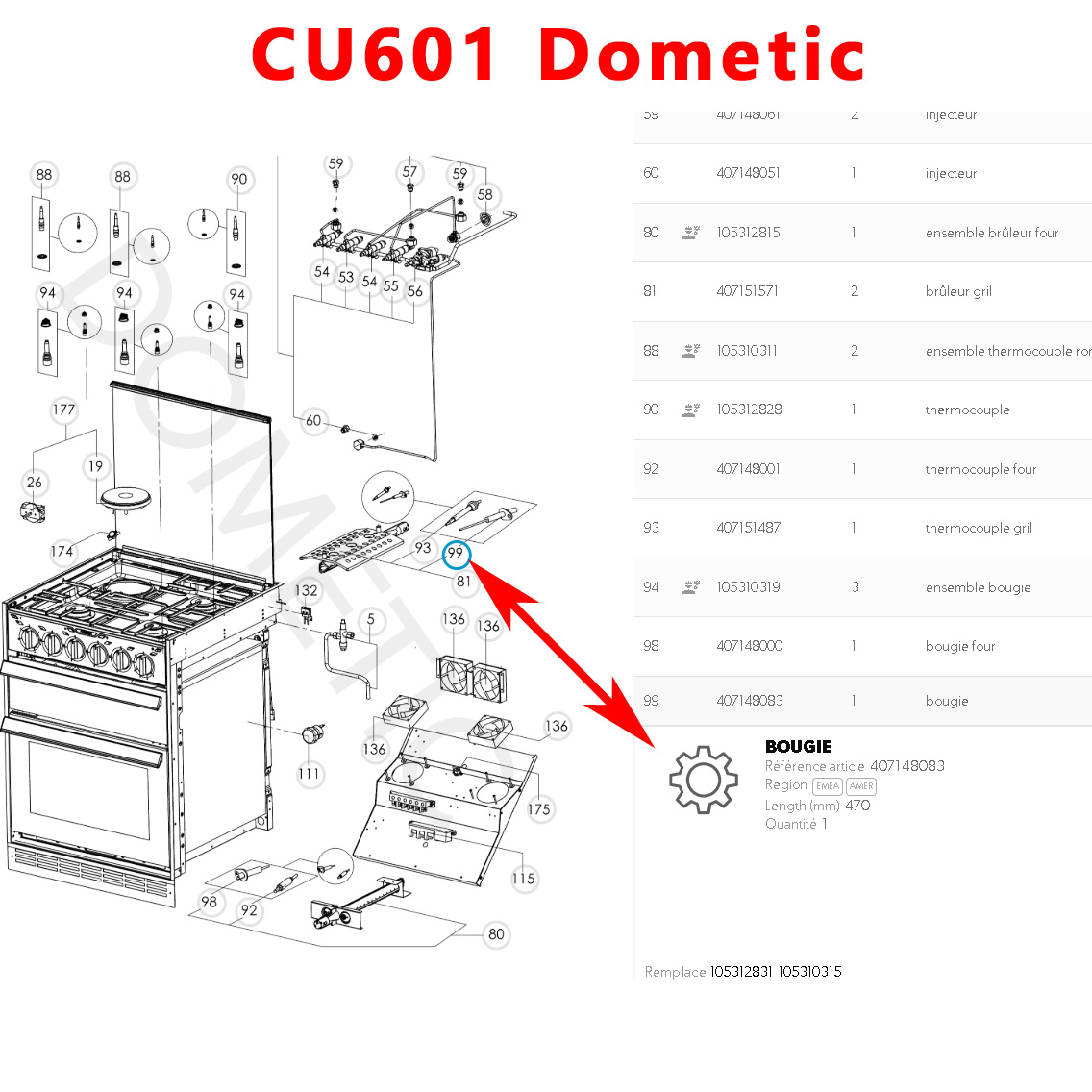 Une bougie d'allumage pour grill CU311, CU333, CU342, CU352, CU401, CU414,CU433, CU601, FO291, FO391, FO211, FO311, OG2000, OG3000, RMDT8555, VN555etc. par Dometic – Image 6