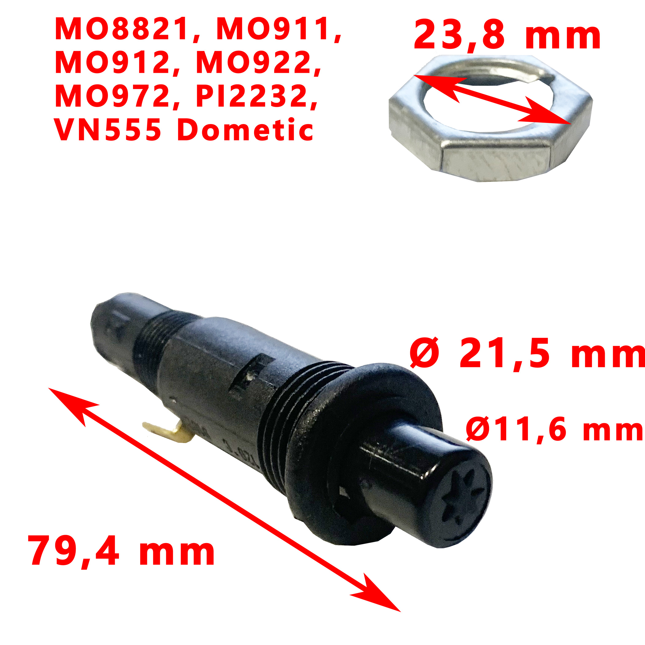 Bouton d'allumage Piezo des réfrigérateurs MO8821, MO911, MO912, MO922, MO972, PI2232, VN555 etc. par Dometic
