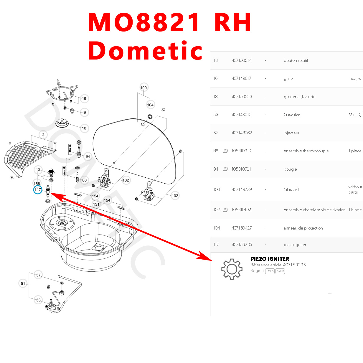 Bouton d'allumage Piezo des réfrigérateurs MO8821, MO911, MO912, MO922, MO972, PI2232, VN555 etc. par Dometic – Image 8