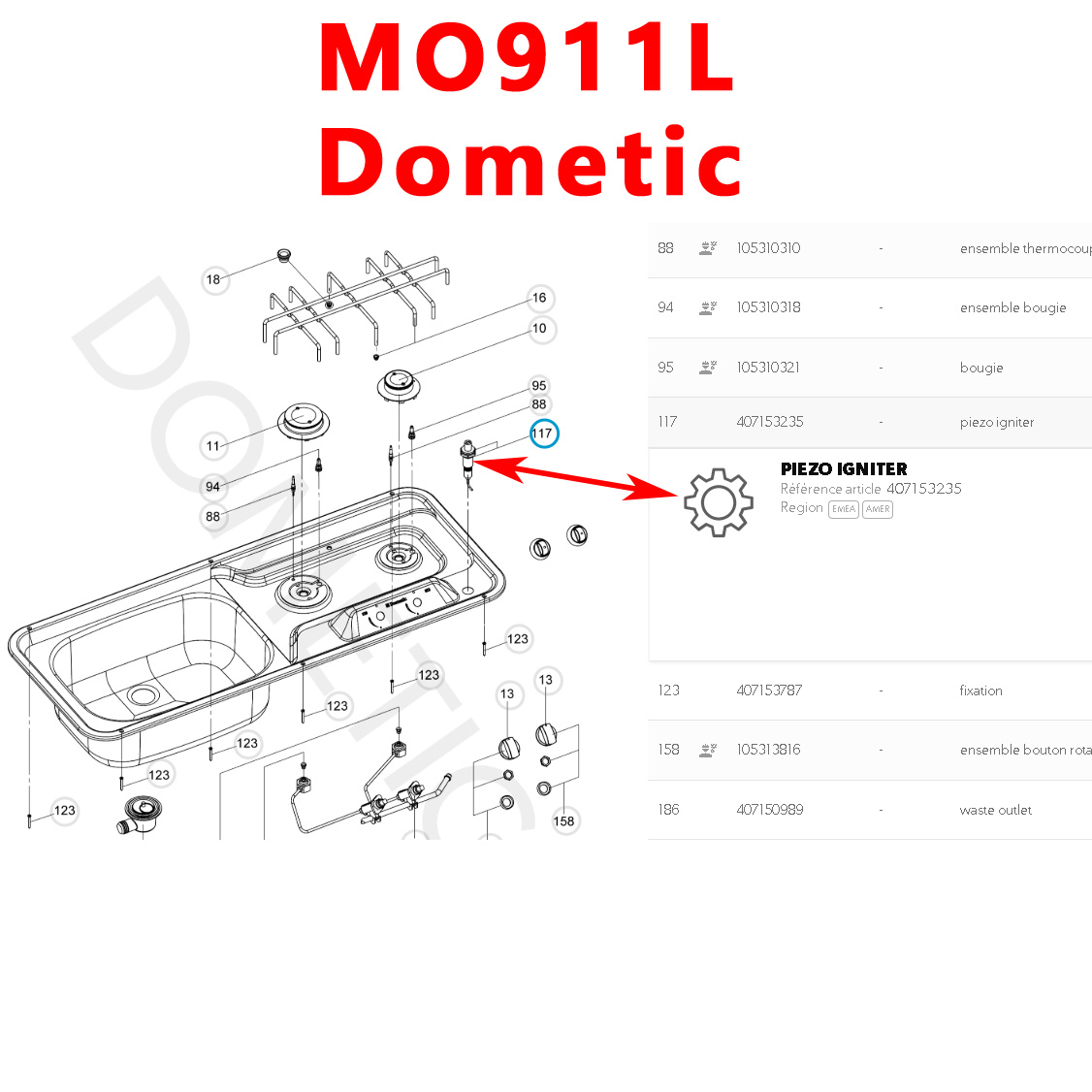 Bouton d'allumage Piezo des réfrigérateurs MO8821, MO911, MO912, MO922, MO972, PI2232, VN555 etc. par Dometic – Image 4
