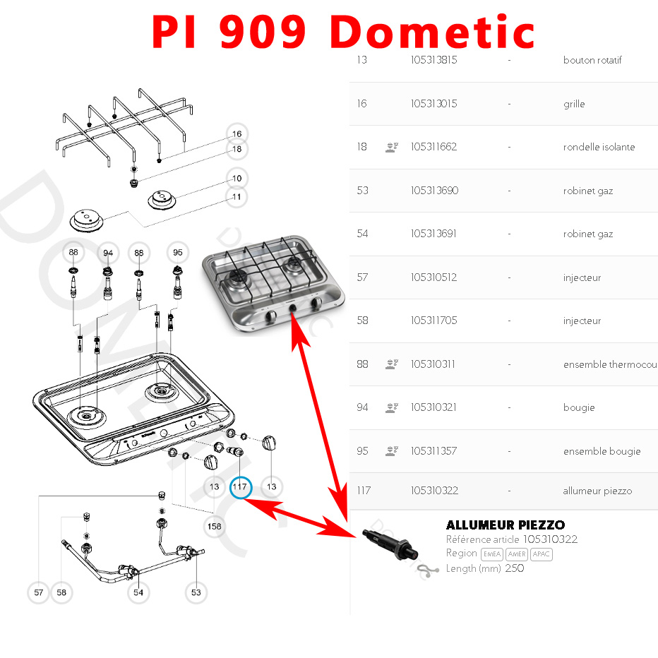 Bouton d'allumage Piezo des réfrigérateurs MO8821, MO911, MO912, MO922, MO972, PI2232, VN555 etc. par Dometic – Image 7