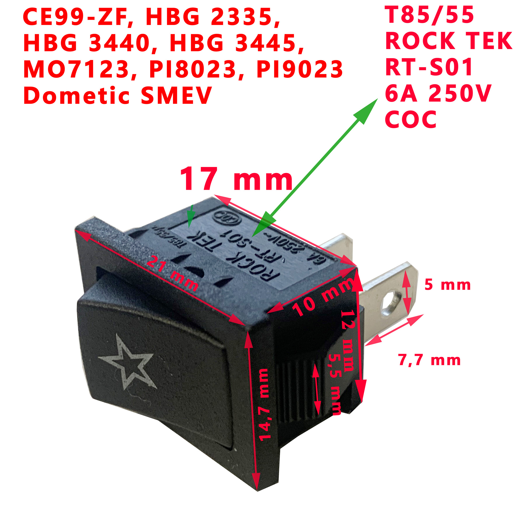 Touche pour allumage pour CE99-ZF, HBG 2335, HBG 3440, HBG 3445, MO7123, PI8023, PI9023 par Dometic