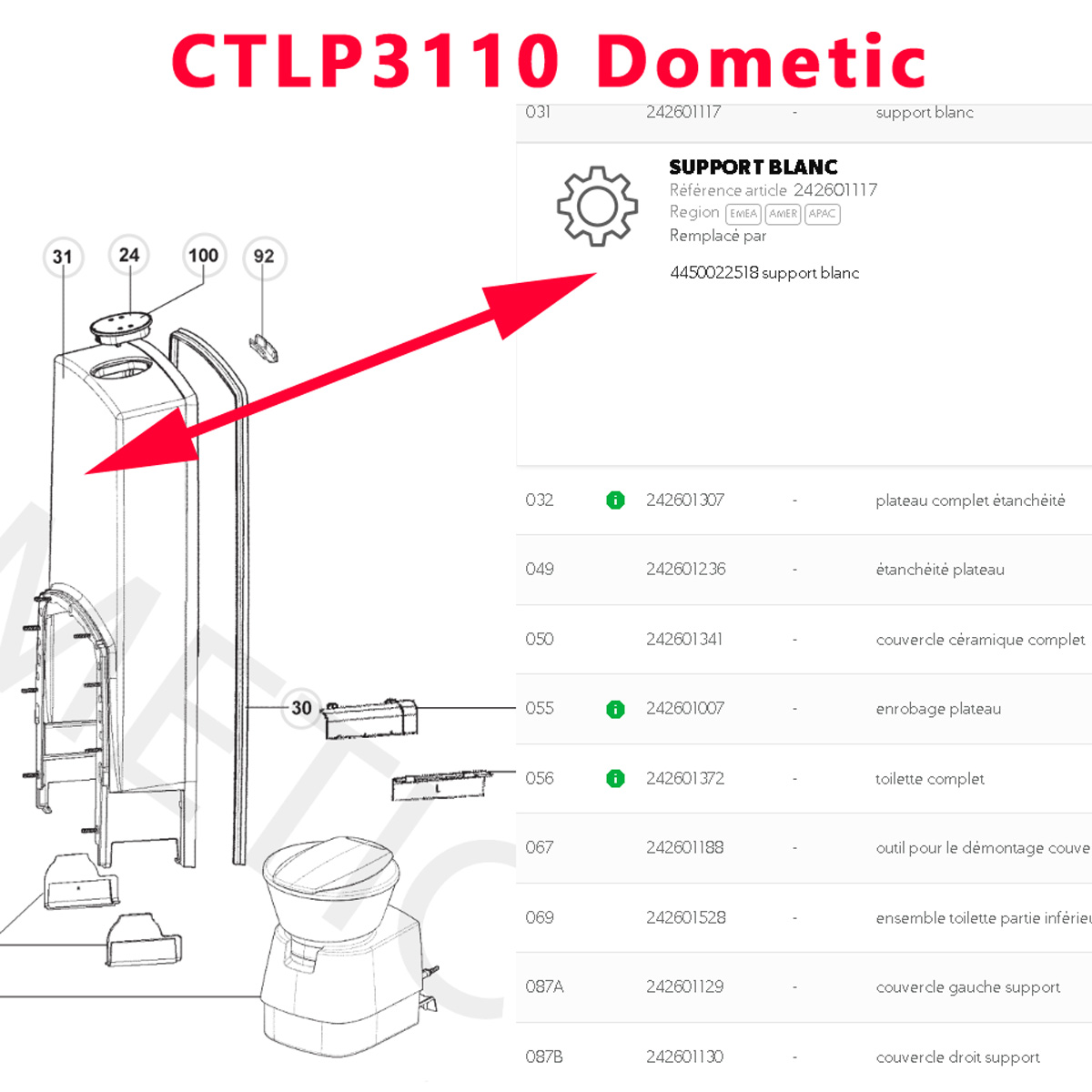 Dometic partie de toilette CTLP 4050, CTLP 4050, CTLP 4110, CTLP 4110, CTLP3050, CTLP3110, CTLP4110