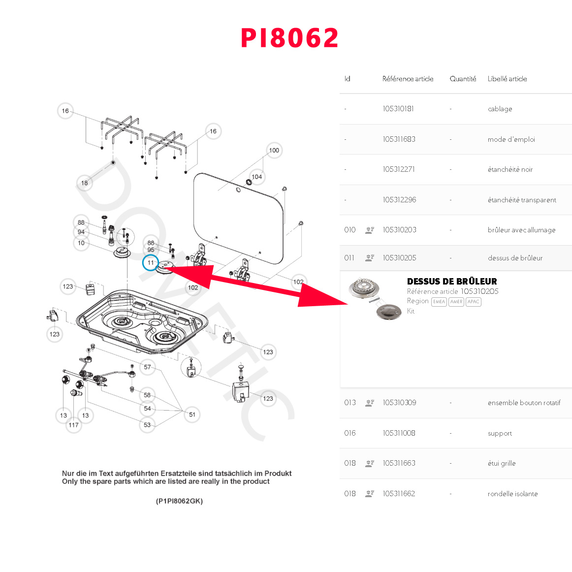 Brûleur et couvercle chromé pour gazinière diamètre 60 mm CU 322 CU333 CU335 CU342 CU343 CU433, MO 9122, PI 8023 PI8062 PI8063, PI 8463 PI8621 par SMEV – Image 2