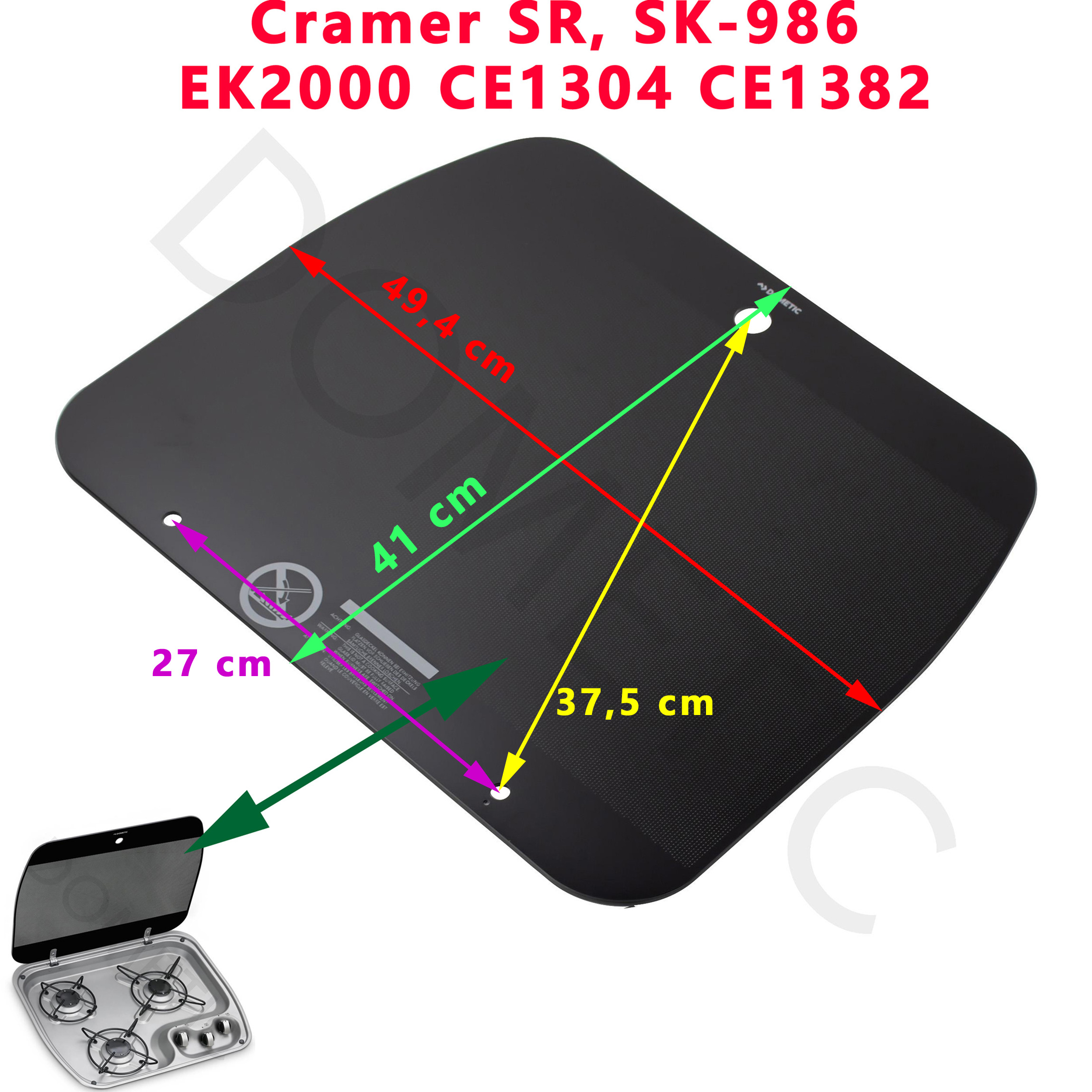 Plaque en verre noir pour gazinière Cramer EK2000, SK-986, CE99, CE1382
