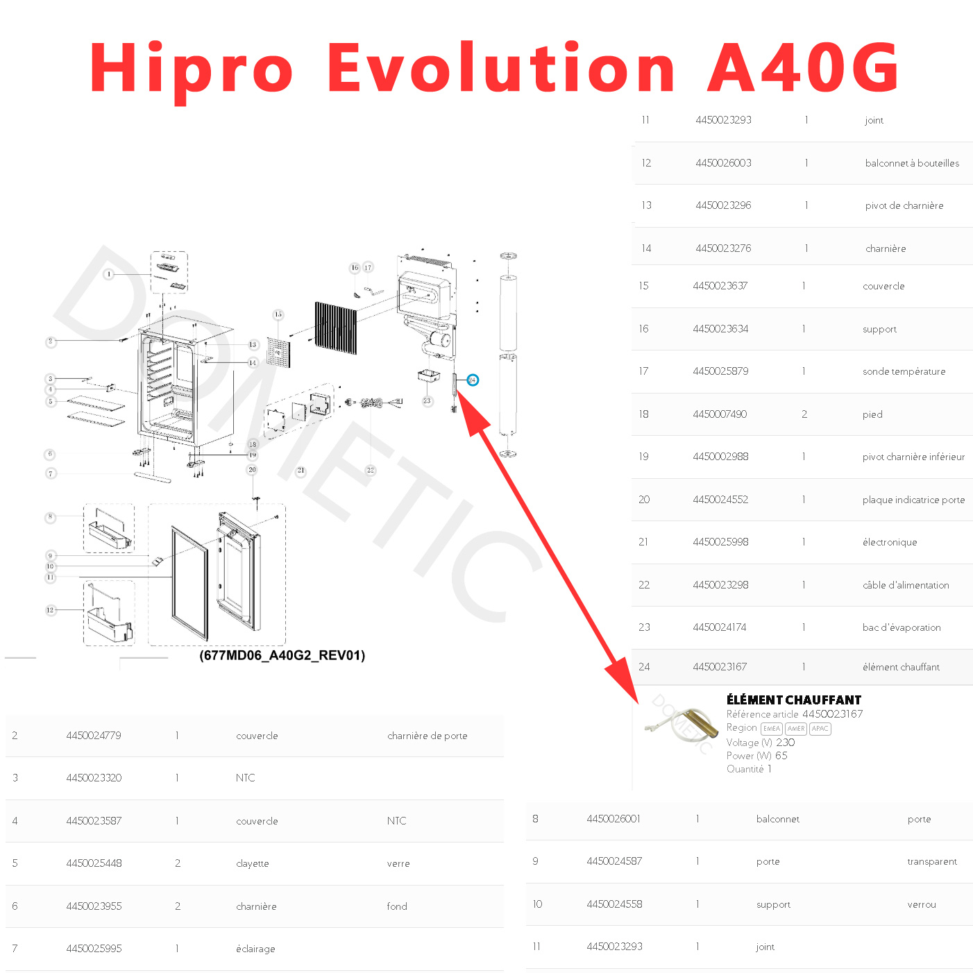 Elément chauffant, résistance 230V-65W pour les mini-bar A40, Hipro Alpha A30, Hipro Alpha A40, Hipro Evolution A30, Hipro Evolution A40 par Dometic – Image 2