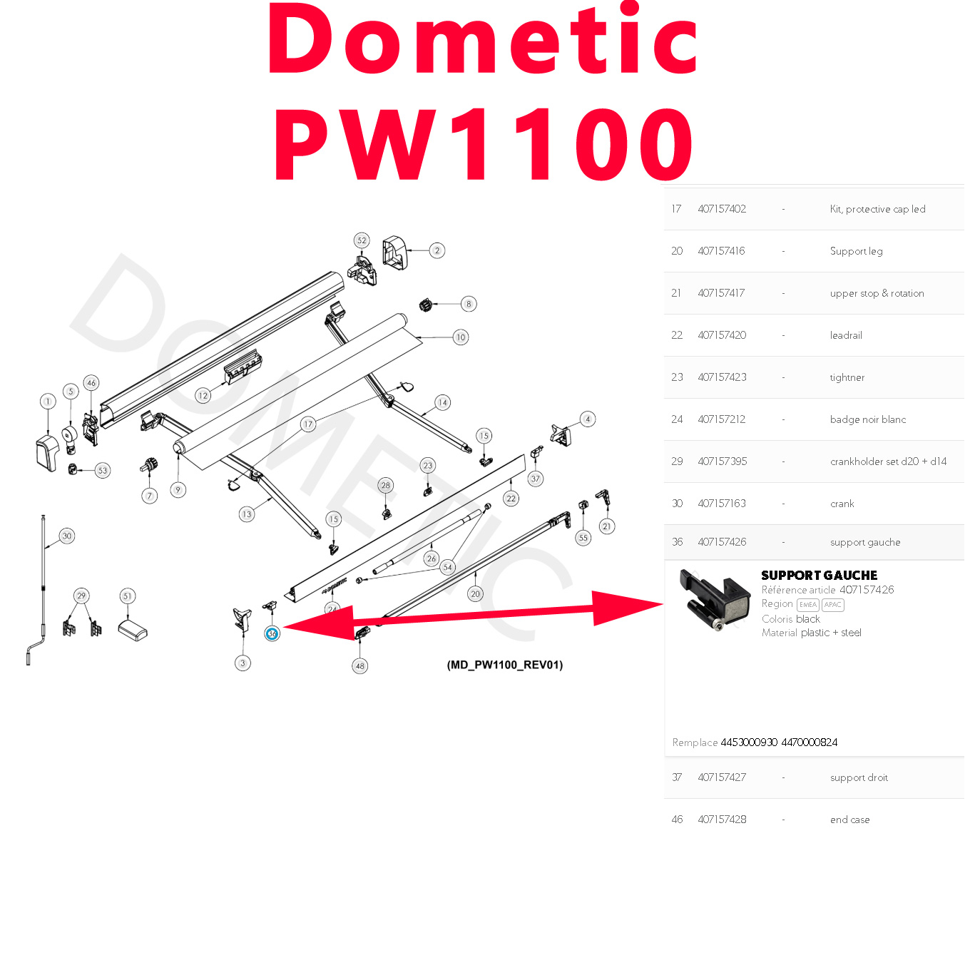 Partie qui permet de fixer le pied à l’angle du panneau avant coté GAUCHE du store de camping-car PW1100 par Dometic – Image 3