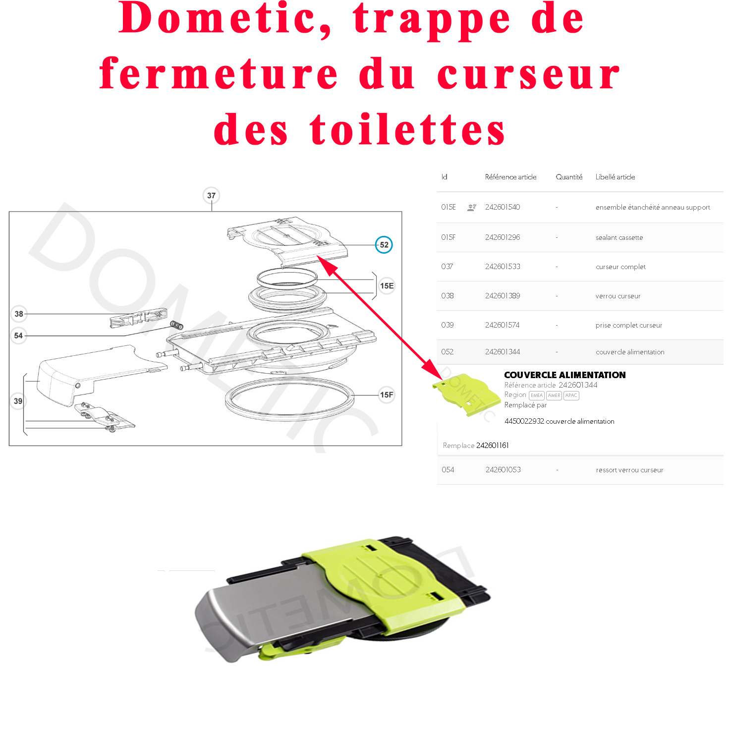 Dometic, trappe de fermeture du cursseur des toilettes CT, CTLP, CTS et CTW – Image 2