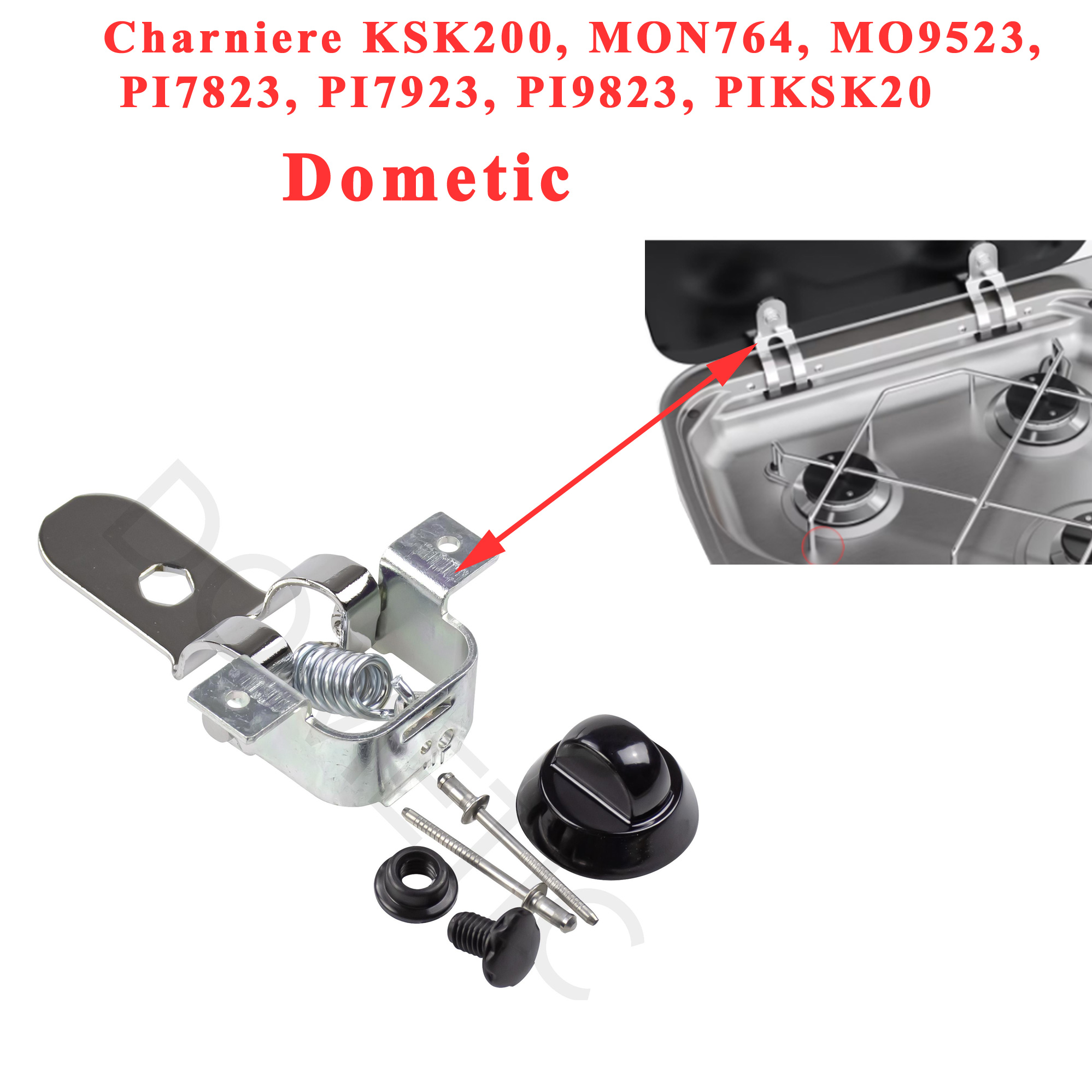 Dometic, charnière complète pour plaque en verre de réchauds camping-car : KSK200, MO9523, PI7823, PI7923, PI9823, PIKSK200