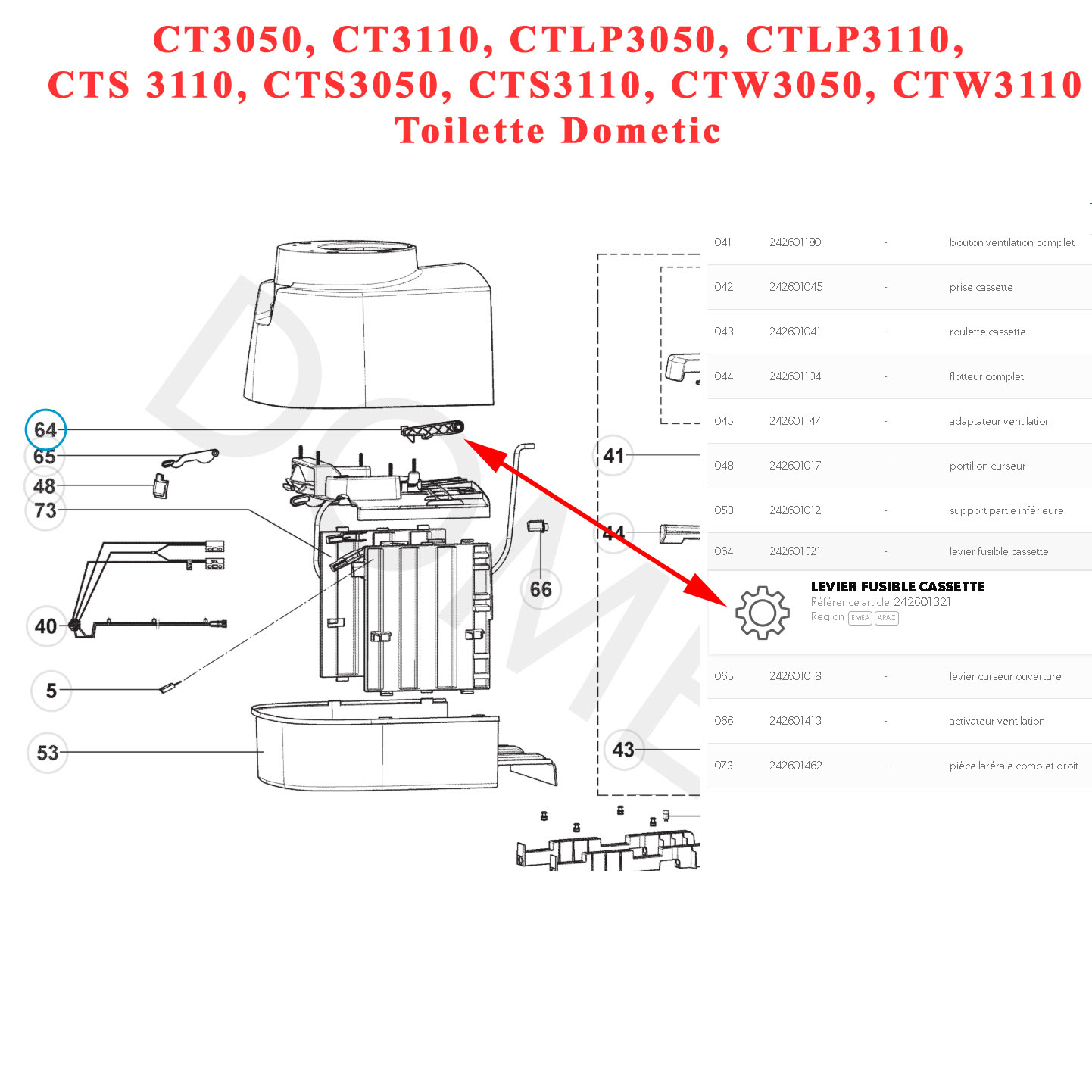 Levier de cassette pour les toilettes Dometic : CT3050, CT3110, CTLP3050, CTLP3110, CTS 3110, CTS3050, CTS3110, CTW3050, CTW3110 par Dometic – Image 2