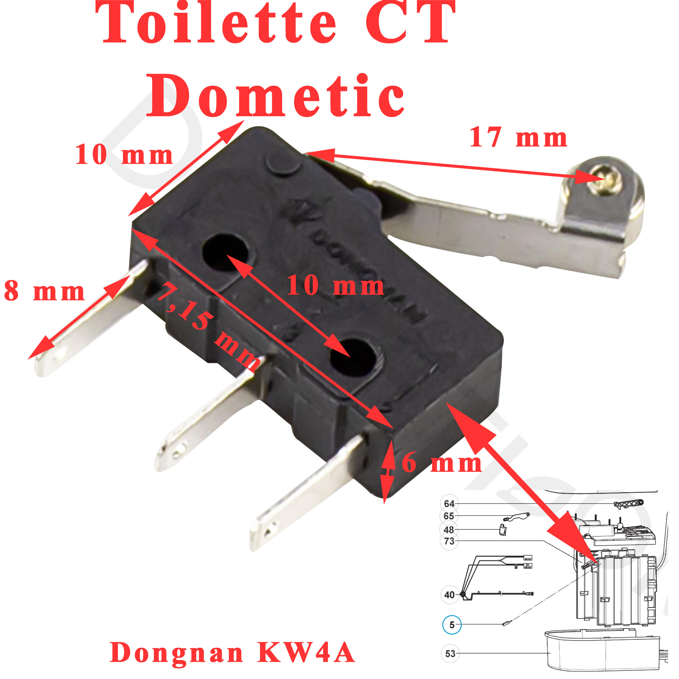 Dometic, microrupteur Dongnan kw4A des toilettes CT3, CTE4, CTLP4, CTS3, CTW3, CTW4