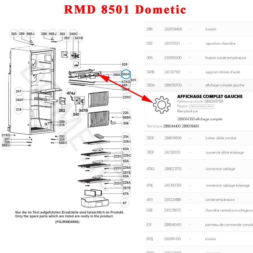 Dometic, panneau de commande porte GAUCHE 289 0644-00 pour réfrigérateur RMD8551, RMD8501, RMDX 21 – Image 3