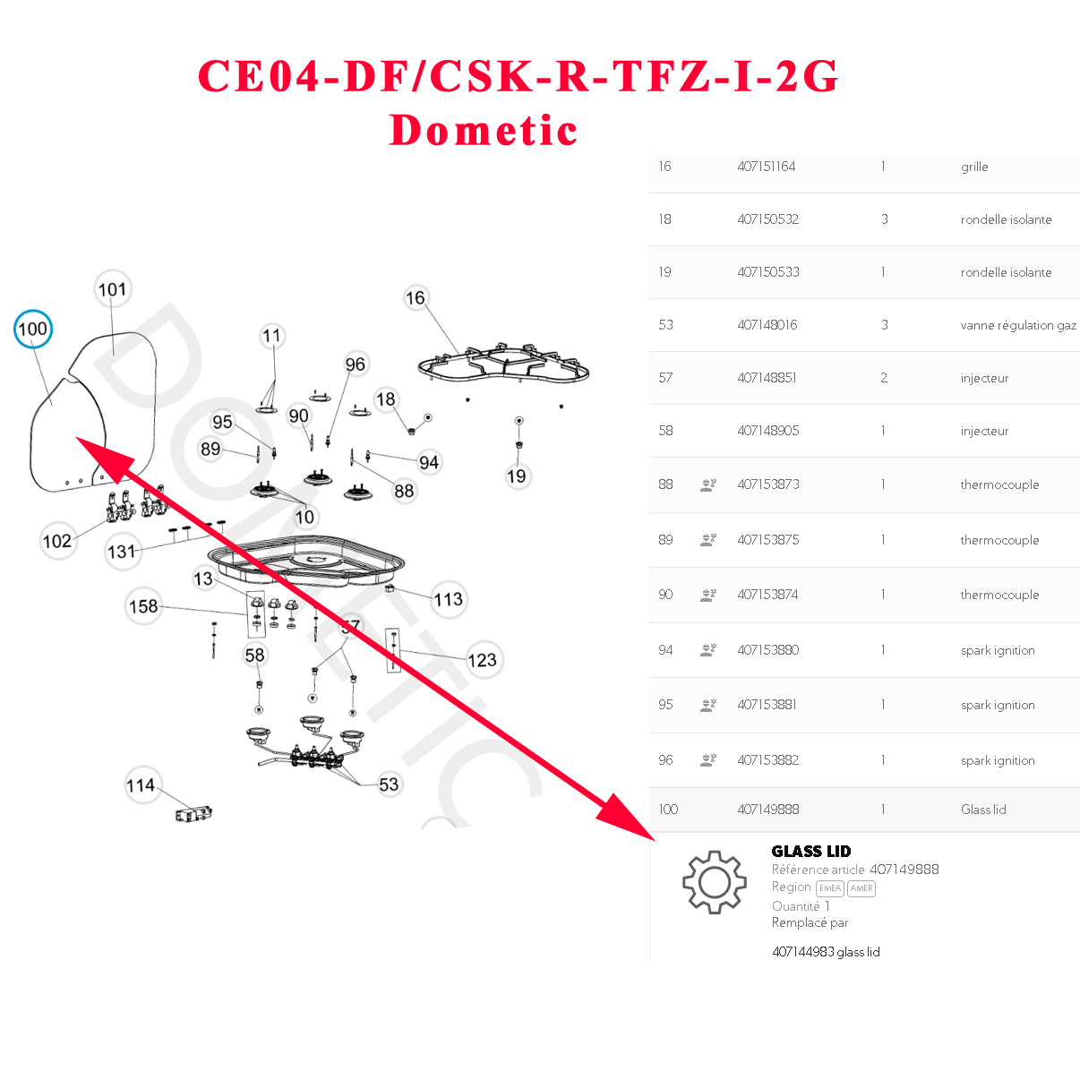 Cramer, Dometic, plaque en verre pour gazinière CE04-DF/CSK-R-TFZ-I