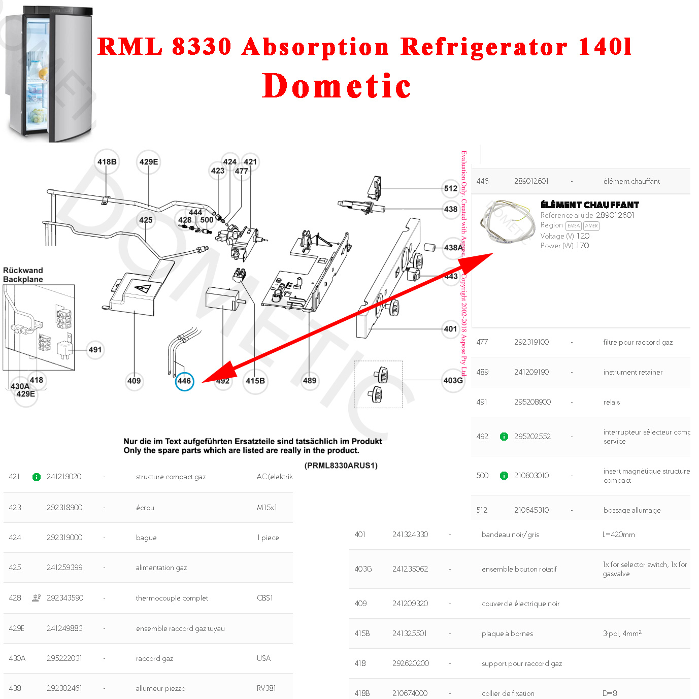Dometic, résistance 120V/170W de l’agregat pour réfrigérateur RML8330 des camping-cars ou caravane 289012601 – Image 3
