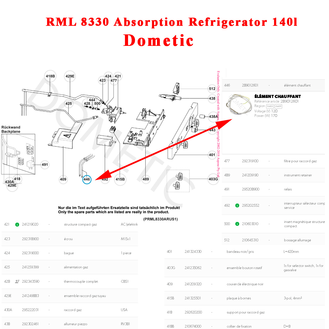 Dometic, résistance 120V/170W de l’agregat pour réfrigérateur RML8330 des camping-cars ou caravane 289012601 – Image 2