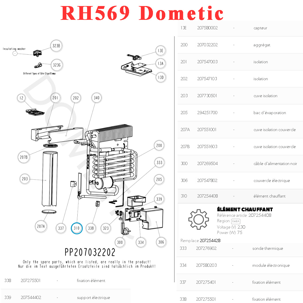Elément chauffant pour les mini-bar RH449, RH439, RH569, Backer FL 230V 75W par Dometic – Image 2