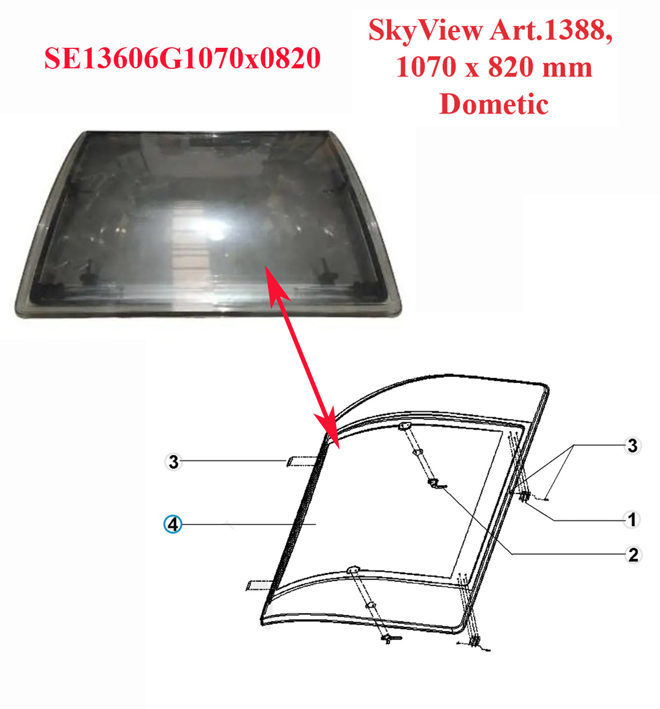Dometic, lanterneau SE1360G1070x0820 SkyView Art.1388, 1070 x 820 mm - Delais nous contacter 01.84.20.86.07