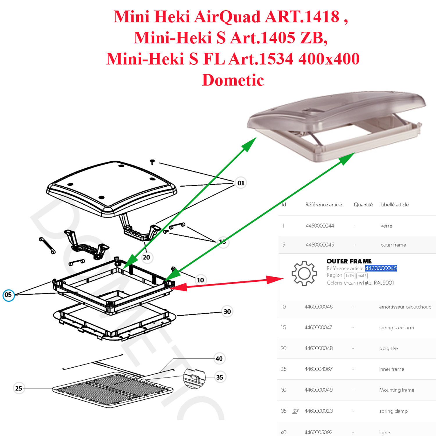 Dometic, cadre extérieur blanc crème pour Mini Heki AirQuad ART.1418, Mini-Heki S Art.1405 ZB, Mini-Heki S FL Art.1534 400x400