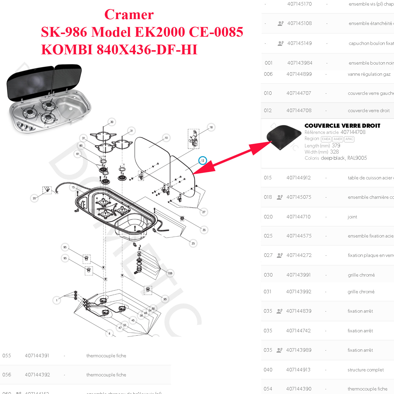 Cramer, plaque en verre noir pour évier à droite du combi SK-986 Model EK2000 CE-0085, K-840X436-DF, KOMBI 840X436-DF-HI/21-I-2G, MO840 – Image 2