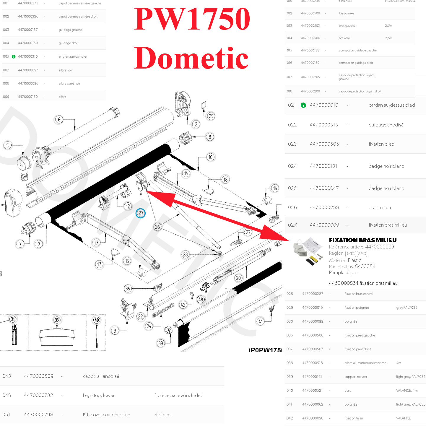 Dometic store, élément de fixation du bras de soutien centrale des stores PW1000, PW1500, PW1750 Dometic – Image 2