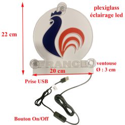 Plaque plexiglass lumineuse bleu-blanc-rouge "Coq" sur USB 12V et 24V 15 Leds 20 cm