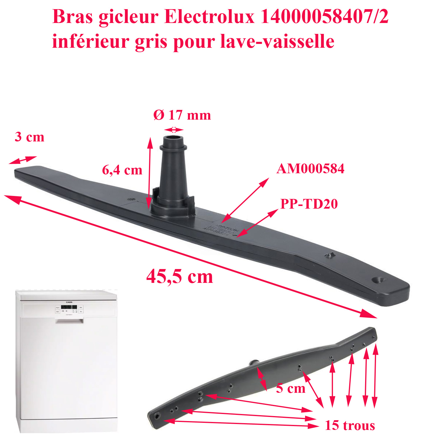 Electrolux, AEG, ARTHUR MARTIN, Faure, SMEG... bras d'aspersion inférieur pour lave vaisselle