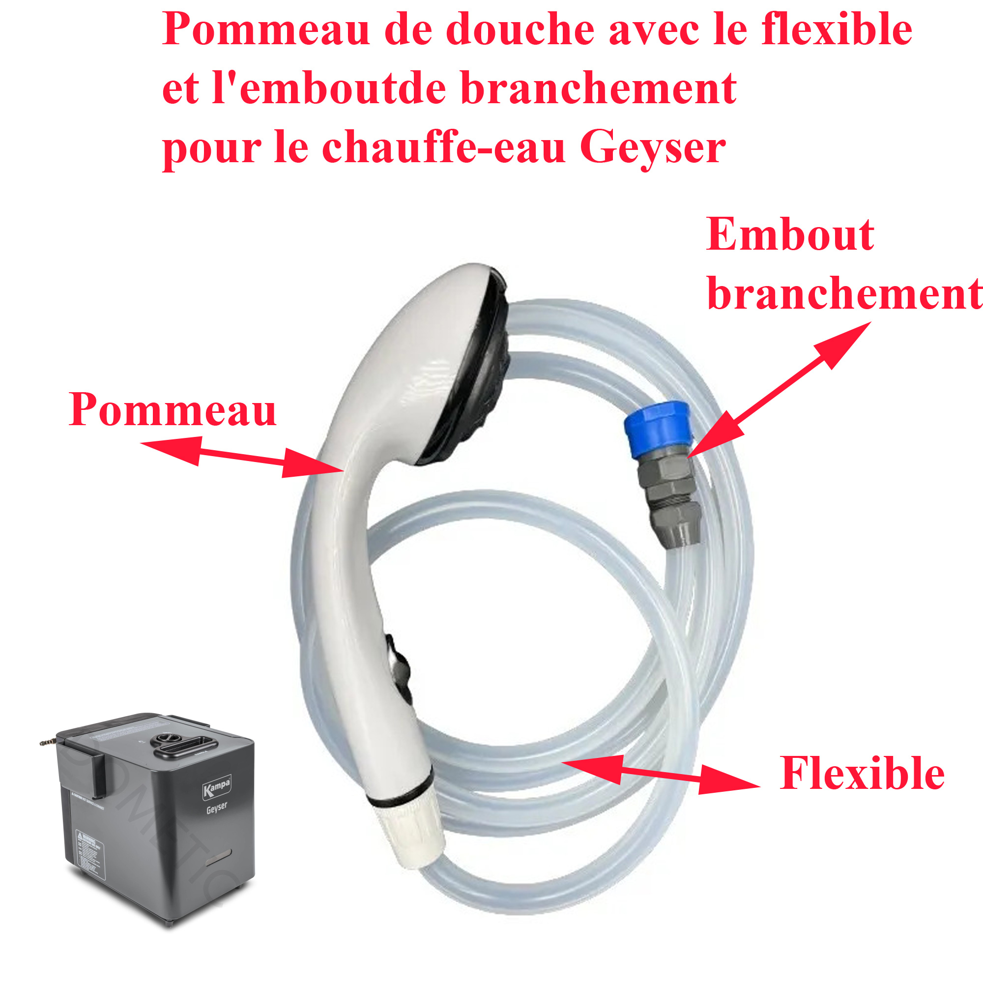 Kampa Geyser, pommeau de douche avec le flexible et l'embout de branchement