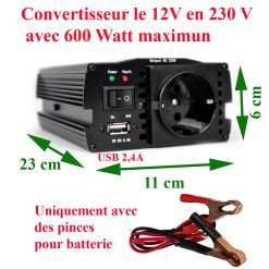 Convertisseur 12V en 220V avec une puissance 600W, avec câble et pince