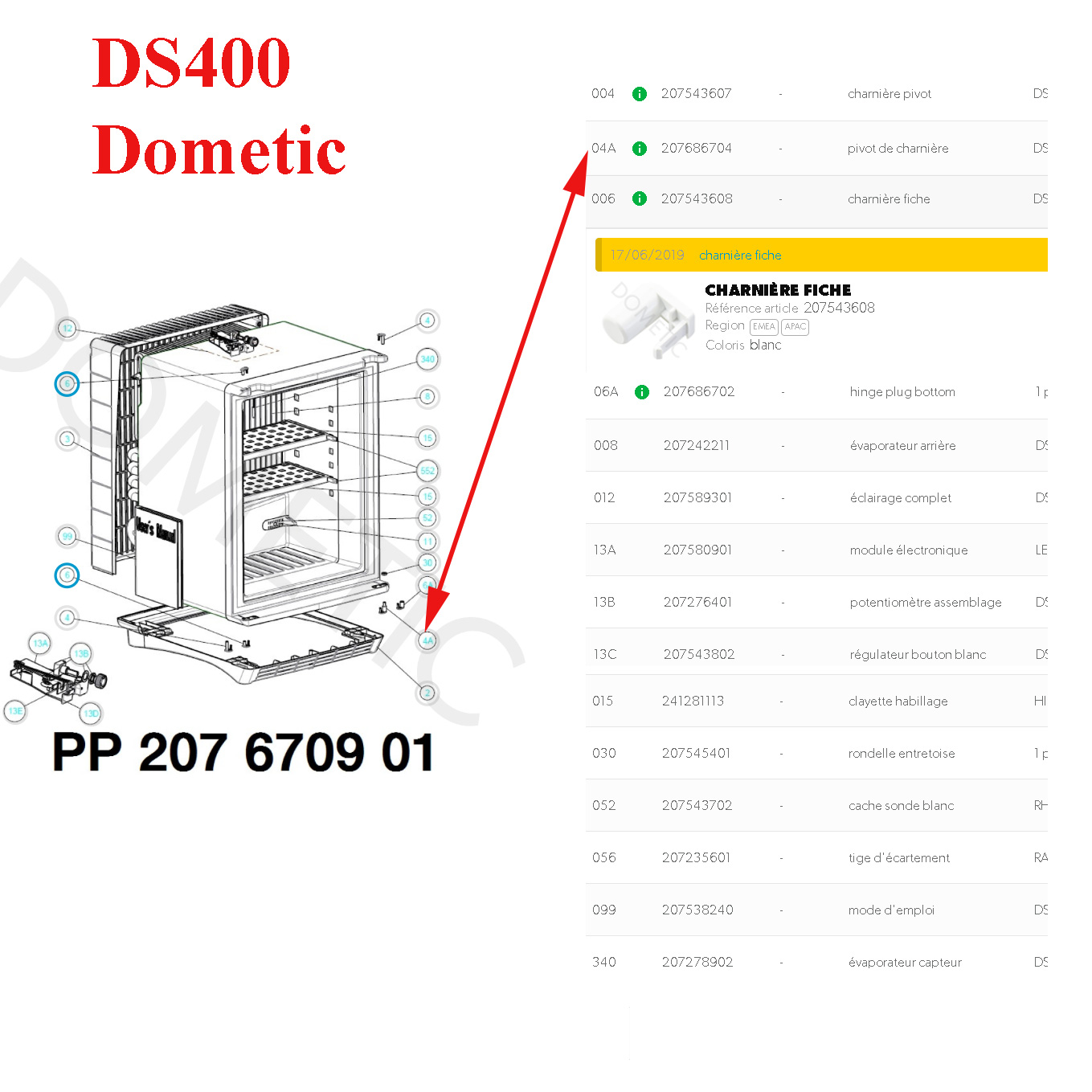 Dometic, axe de charnière inférieur des réfrigérateurs: DS200, DS300, DS301, DS400, DS600, DS601, HC302, HC502 – Image 2