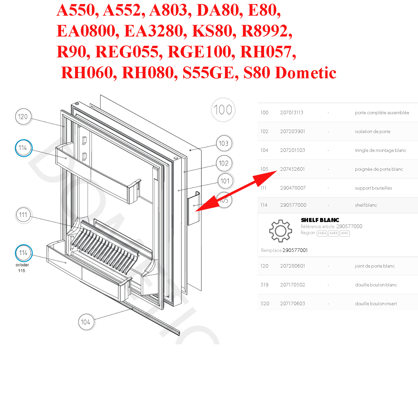 Dometic, poignée de porte pour les minibars: A550, A552, A803, DA80, E80, EA0800, EA3280, KS80, R8992, R90, REG055, RGE100, RH057, RH060, RH080, S55GE, S80 207452601 – Image 2